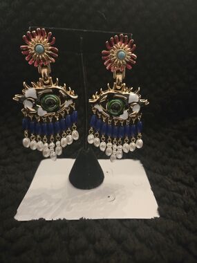 Schiaparelly Inspired Gold Eye Earrings Blue Beads, Green Enamel & Pearl Fringe